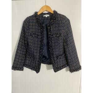 Puzuo tweed blazer jacket women’s size S navy gold metallic wool blend fringe